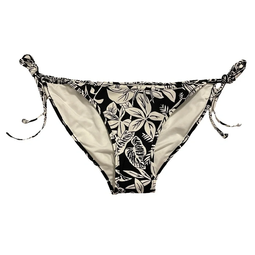 NEW Volcom Black & White Leaf Floral Side Tie String Bikini Bottoms Sz. S